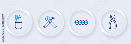 Set line Dental pliers, Teeth with braces, mirror and probe and Toothbrush toothpaste icon. Vector