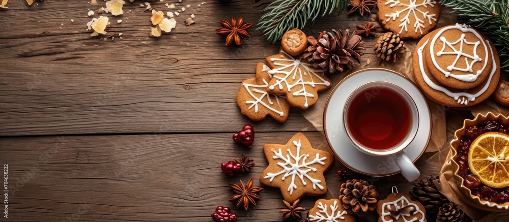Christmas cookies and herbal tea displayed in a flat arrangement with room for text. Christmas cookies and herbal tea displayed in a flat arrangement with room for text.