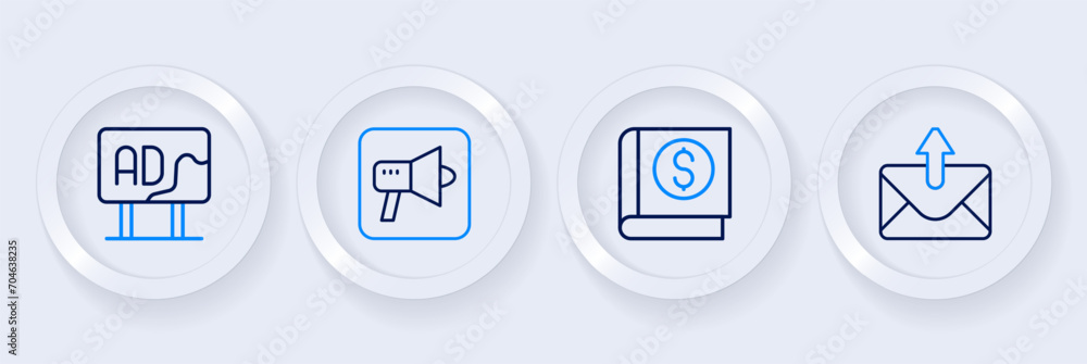 Set line Mail and e-mail, Financial book, Megaphone and Advertising icon. Vector Set line Mail and e-mail, Financial book, Megaphone and Advertising icon. Vector