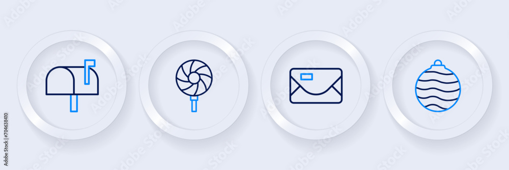 Set line Christmas ball, Envelope, Lollipop and Mail box icon. Vector Set line Christmas ball, Envelope, Lollipop and Mail box icon. Vector