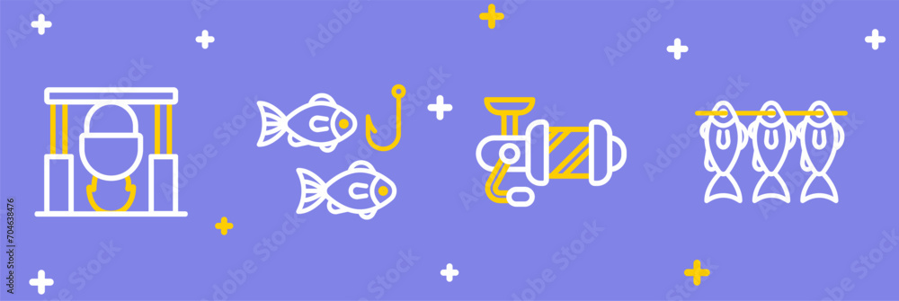 Set line Case or box for fishing equipment, Spinning reel, Fishing hook with and Campfire and pot icon. Vector