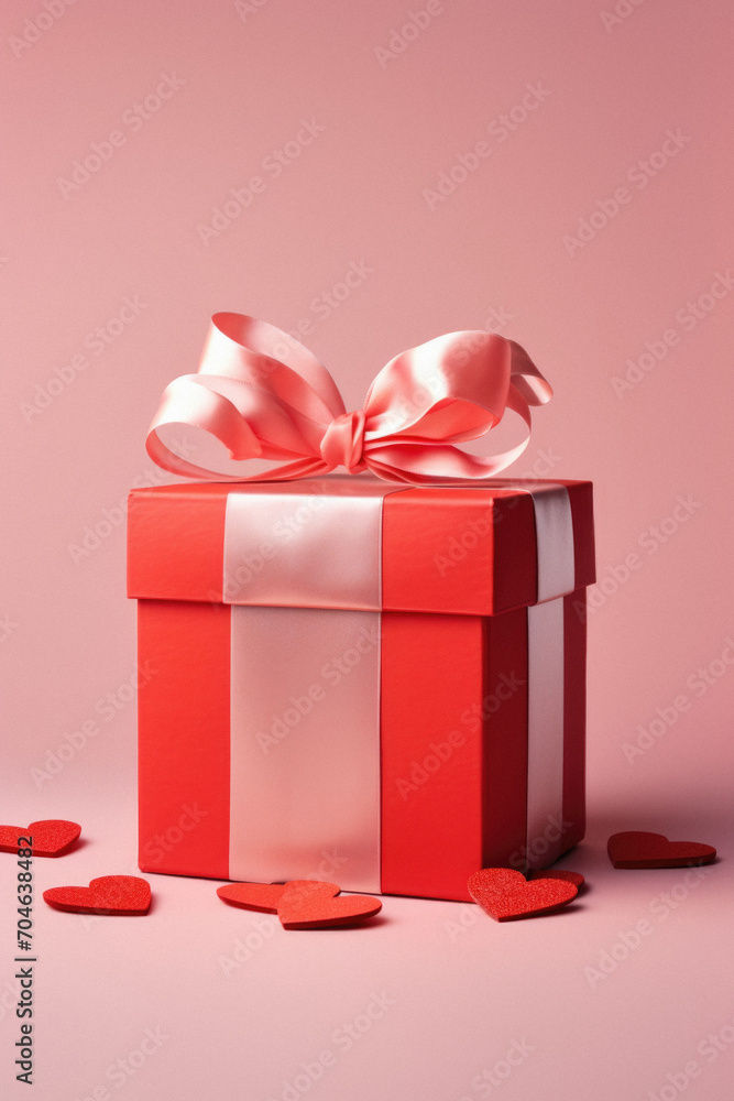 Red gift box with a bow and hearts on a pink background.