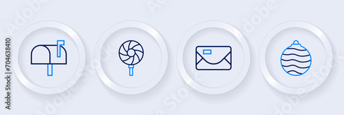 Set line Christmas ball, Envelope, Lollipop and Mail box icon. Vector