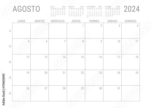 Agosto Calendario 2024 Mensual para imprimir con numero de semanas A4