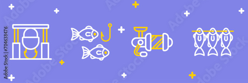 Set line Case or box for fishing equipment, Spinning reel, Fishing hook with and Campfire and pot icon. Vector