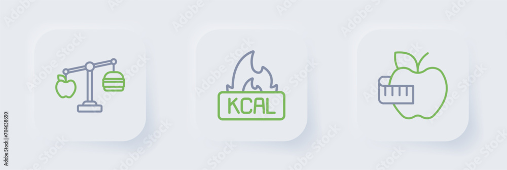 Set line Apple and measuring tape, Kcal and Calorie calculator icon. Vector Set line Apple and measuring tape, Kcal and Calorie calculator icon. Vector