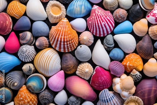 A close-up of multicolored seashells against a dark background.