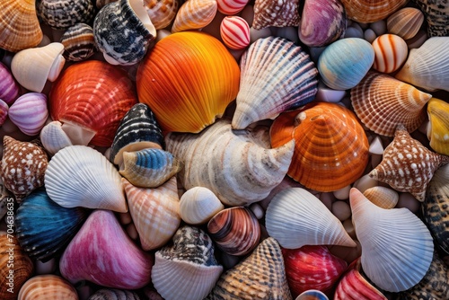 A varied assortment of colorful seashells on a light background.