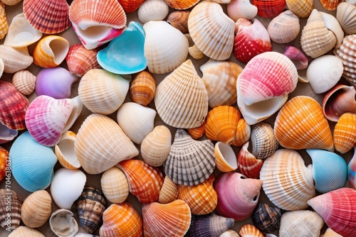 A vibrant collection of various seashells closely packed together.