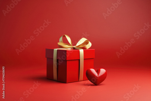 Red gift box with golden bow and red heart on red background. Valentine's day concept. © Synthetica