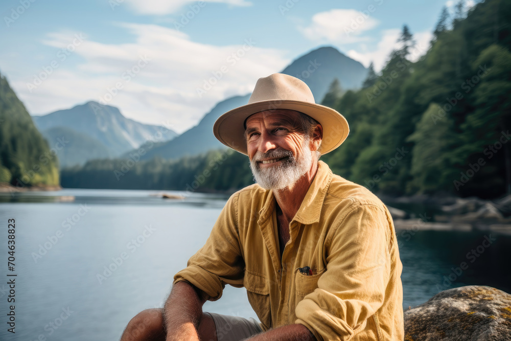 Smiling older man with a hat sitting by a calm lake with mountains.