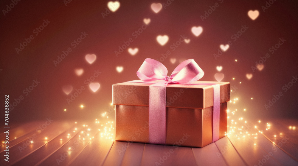 Gift box with heart bokeh background.