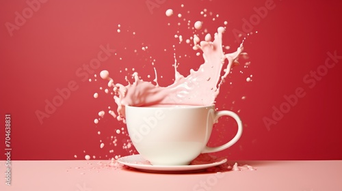  a splash of milk in a cup on a saucer on a saucer on a saucer on a pink background.