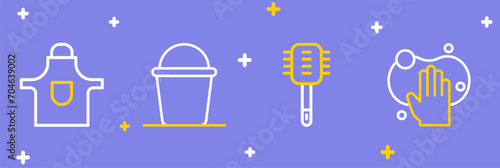 Set line Sponge, Toilet brush, Bucket and Kitchen apron icon. Vector