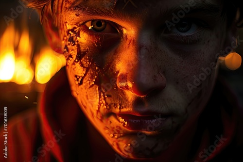 Intense gaze from a frost-covered face lit by a warm fire.