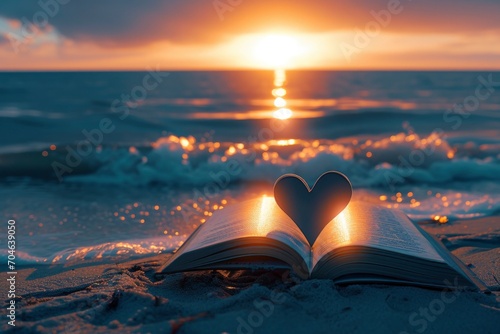 heart shape in book at sunset photo