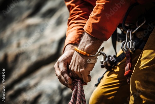 Close-up of a climber's hands tying a rope, with climbing gear.