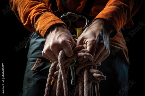 A climber's hands gripping a climbing rope, focus on strength and gear