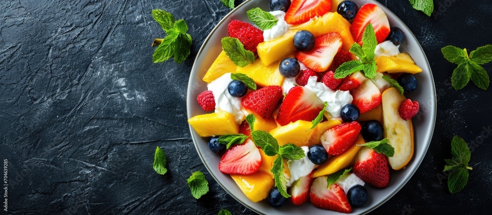 Healthy fruit salad with varied ingredients, mint, and sour cream. Room for text. Overhead view.