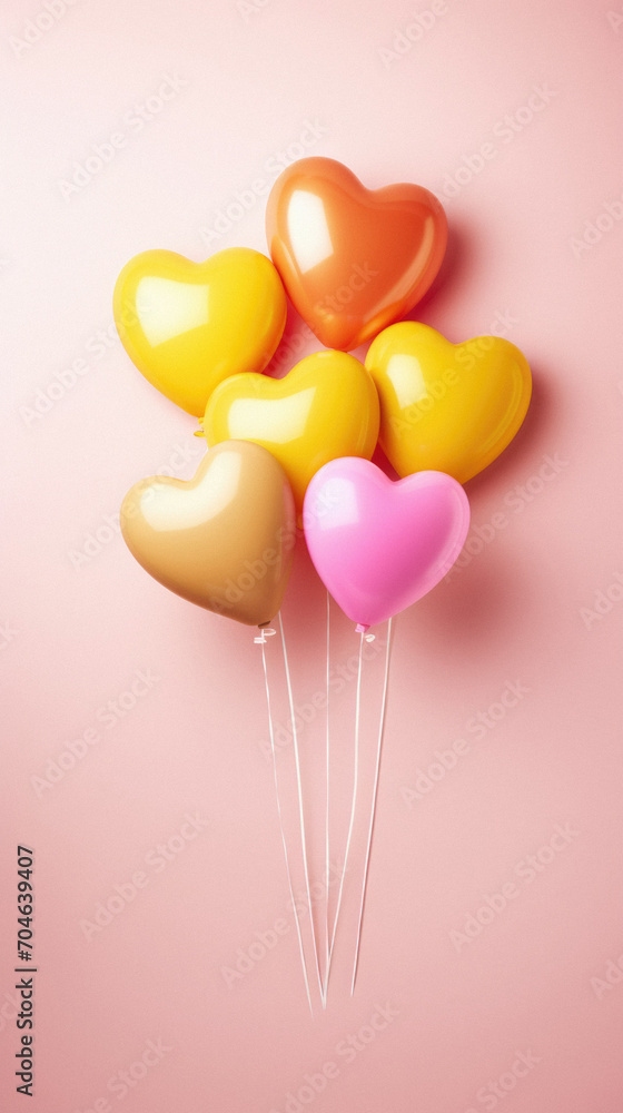 Colorful balloons in the shape of a heart on a pink background.