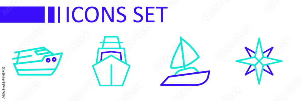 Set line Wind rose, Yacht sailboat, and Speedboat icon. Vector
