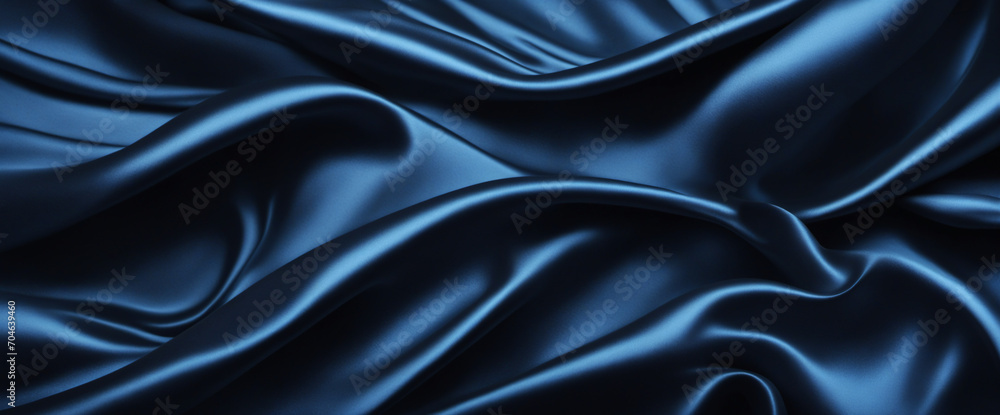 Fototapeta premium Black blue silk, satin. Shiny fabric surface. Beautiful wavy folds. Dark elegant background with space for design. Web banner.