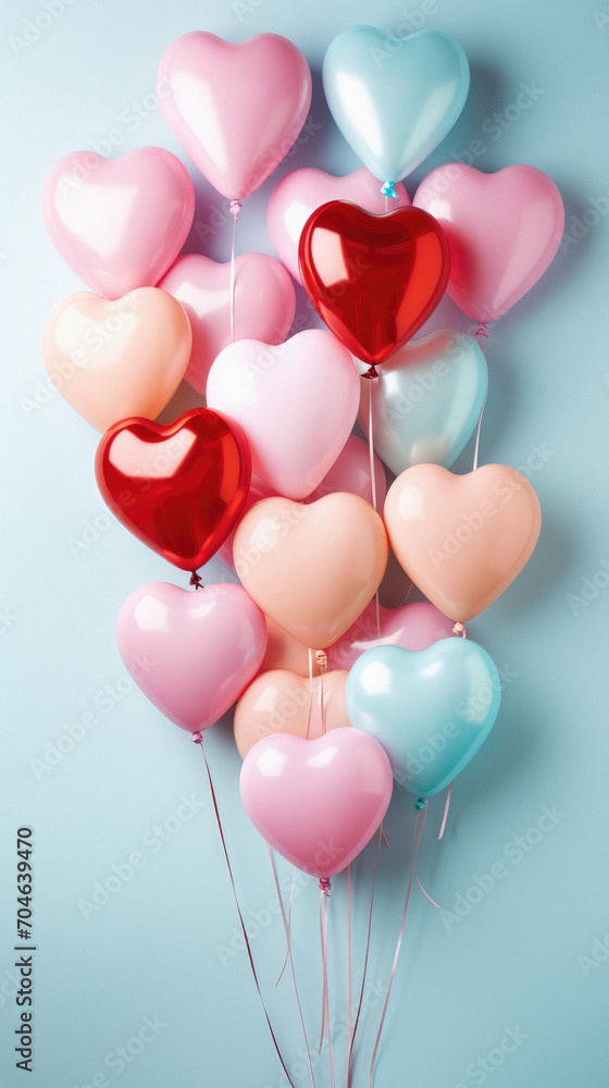 Colorful heart shaped balloons on blue background. Happy Valentine's Day.
