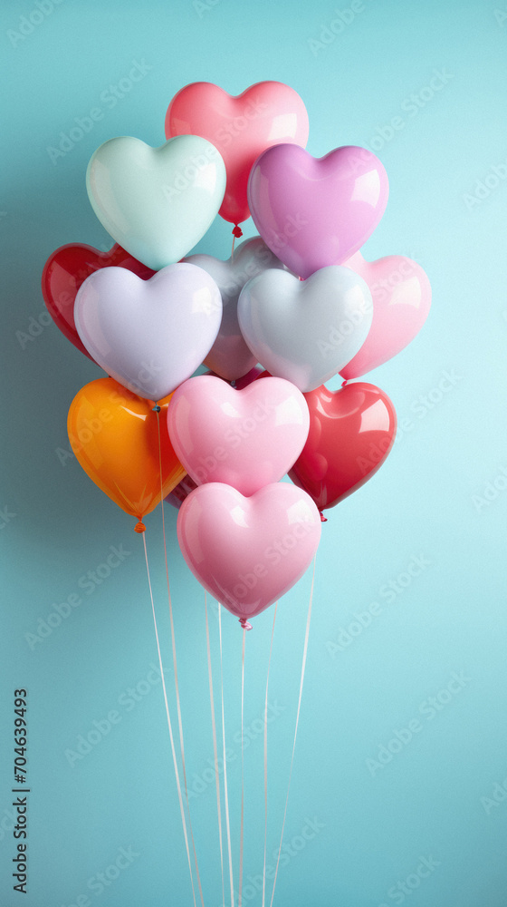 Colorful heart-shaped balloons on blue background. Valentines day concept.