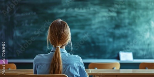 Back view of schoolgirl sitting in classroom with chalkboard on background - Generative ai