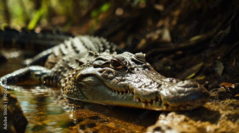 a close up of a crocodile's head in a body of water with rocks and trees in the background. a close up of a crocodile's head in a body of water with rocks and trees in the background.