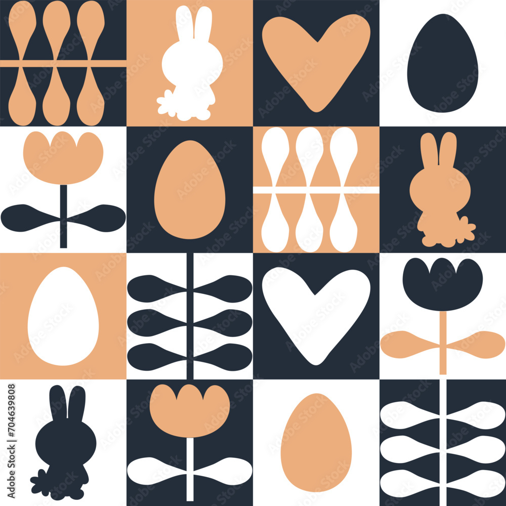 Easter pattern with rabbits, eggs and tulip flowers. Print for tablecloth, textile and fabric. Perfect surface design.