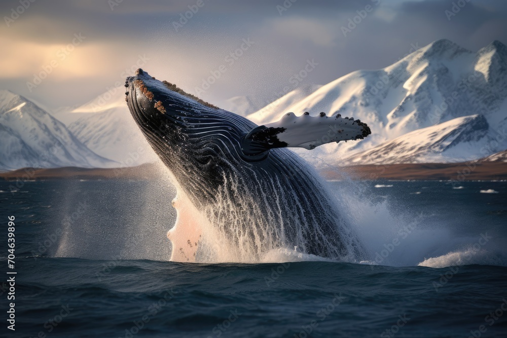 Fototapeta premium Witness the awe-inspiring sight of a humpback whale, soaring through the air, A whale gracefully swimming in the deep blue sea, specifically a Humpback whale in the ocean, AI Generated