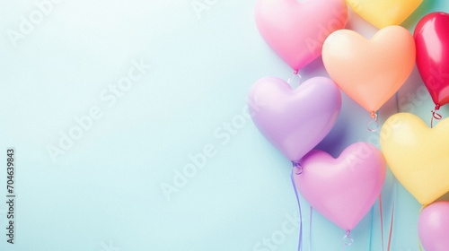 Valentine's day background with colorful heart shaped balloons on blue background. photo