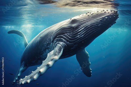 Witness the incredible sight of a humpback whale gracefully swimming in the vast and deep ocean, Humpback whales communicating through intricate song patterns, AI Generated © Ifti Digital