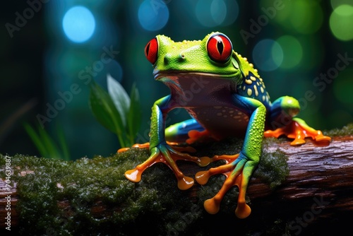 A frog with red eyes perched on a branch, A cute cat with green eyes lying on a bed and gazing upward, AI Generated