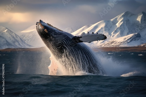 Witness the awe-inspiring sight of a humpback whale, soaring through the air, A whale gracefully swimming in the deep blue sea, specifically a Humpback whale in the ocean, AI Generated