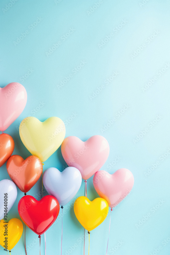 Colorful heart shaped balloons on blue background. Valentines day concept.