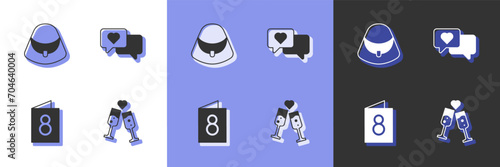 Set Glass of champagne, Handbag, Greeting card with 8 March and Heart speech bubble icon. Vector