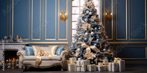 Decorated beige and blue room with a Christmas tree and gifts in a light house interior for the holidays. © Vusal