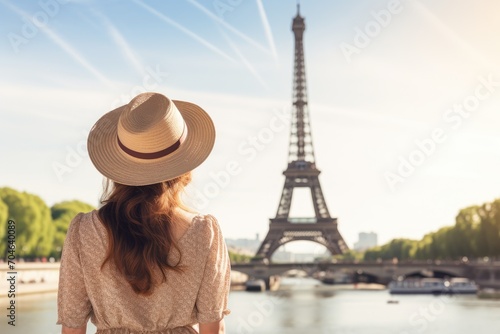 A woman wearing a hat stands in front of the iconic Eiffel Tower, tourist woman in summer dress and hat standing on beautiful sandy beach, AI Generated