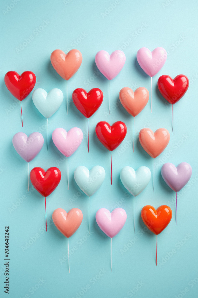 Valentine's Day background with heart shaped balloons on blue background.