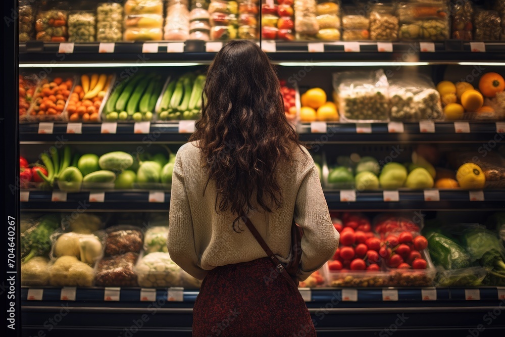 A woman stands in front of a colorful display of fresh fruits and vegetables, A young beautiful woman having fun on a tropical seashore, AI Generated