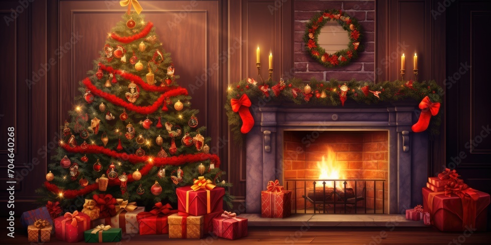 Festive Christmas backdrop with tree, presents, and fireplace