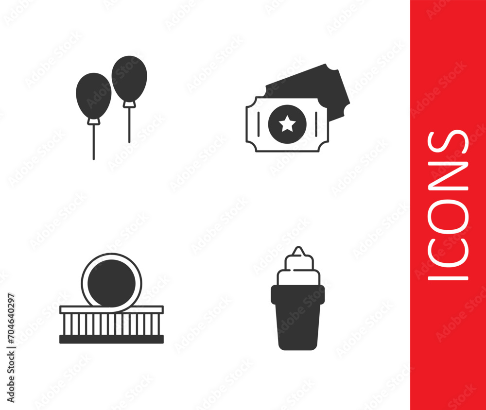 Set Ice cream in waffle, Balloons with ribbon, Roller coaster and Circus ticket icon. Vector Set Ice cream in waffle, Balloons with ribbon, Roller coaster and Circus ticket icon. Vector