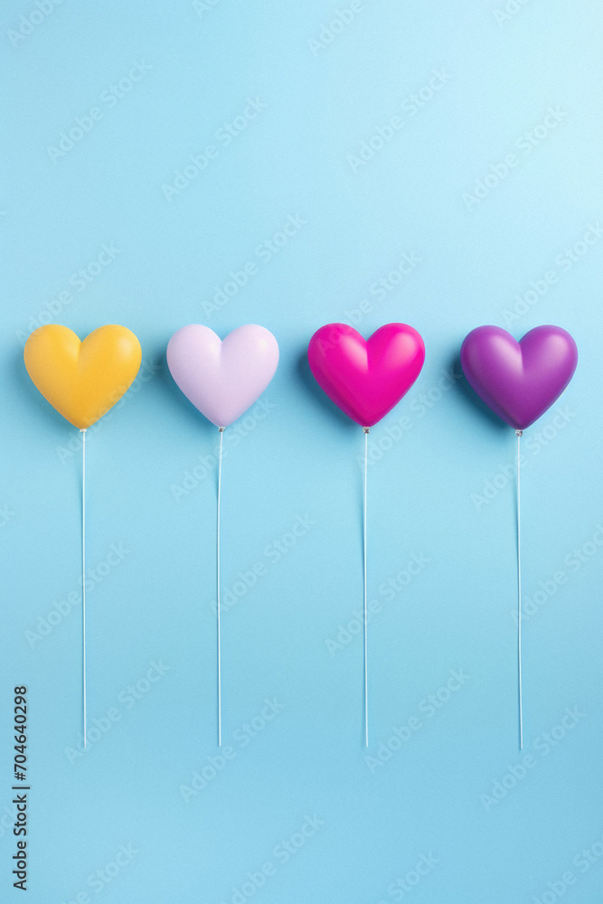 Colorful heart shaped balloons on blue background. Valentines day concept.