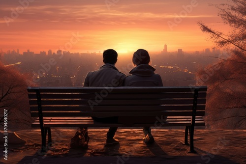 A couple sits on a bench, mesmerized by the breathtaking colors of the setting sun, Young waitress serving coffee to a diverse group of friends in a cafe or bar, AI Generated