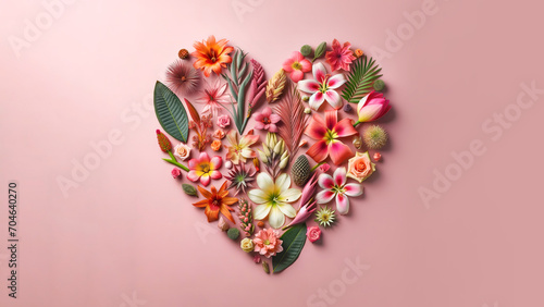 Heart made of tropical flowers and leaves against pastel pink background. Natural minimal concept. Creative spring idea. Flowers heart. Valentine's day or Woman's day design. photo