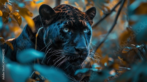  a close - up of a black leopard in a tree looking at the camera with an intense look on its face.
