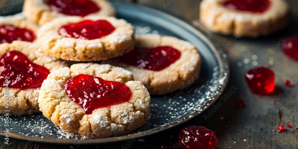 Round fresh cookies with heart shaped strawberry jam, close-up background