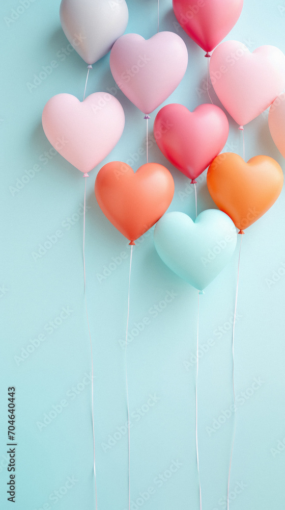 Colorful heart shaped balloons on pastel blue background with copy space.